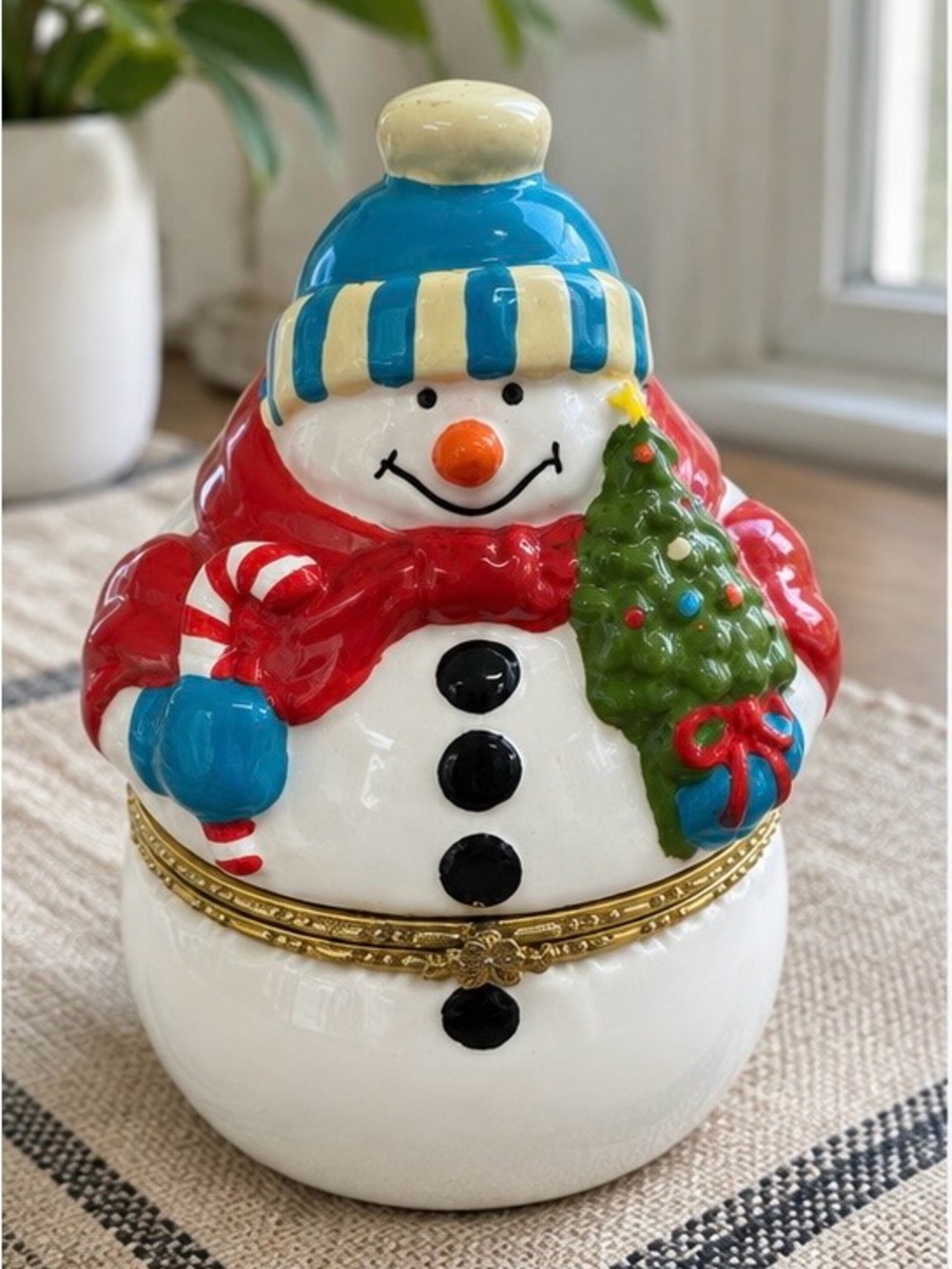 Christmas Snowman Musical Trinket Box Rotating Ice Skating Scene Ceramic